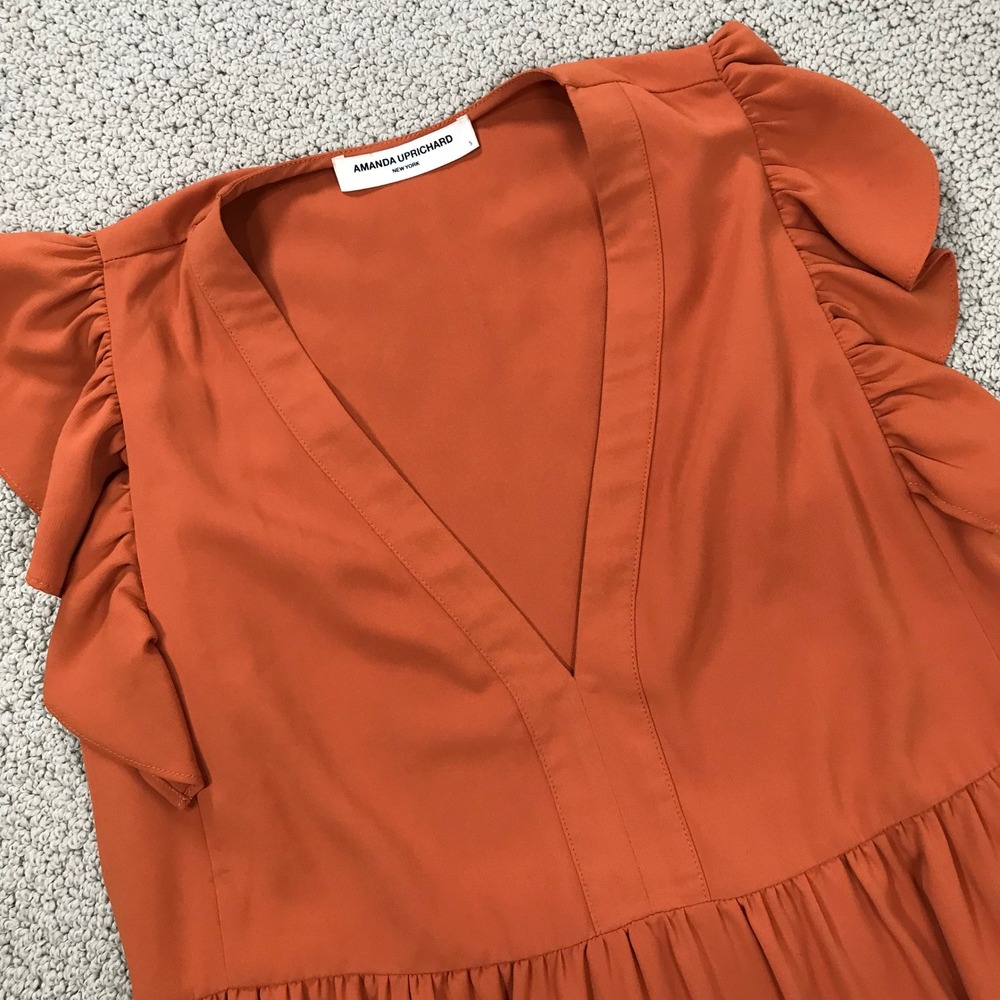 Amanda Uprichard Burnt Orange Ruffle Sleeve Tiered‎ V-Neck Mini Dress Small